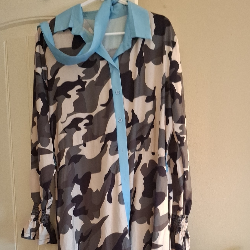 Fashion Nova Camouflage Shirt Dress - Blue and Gray